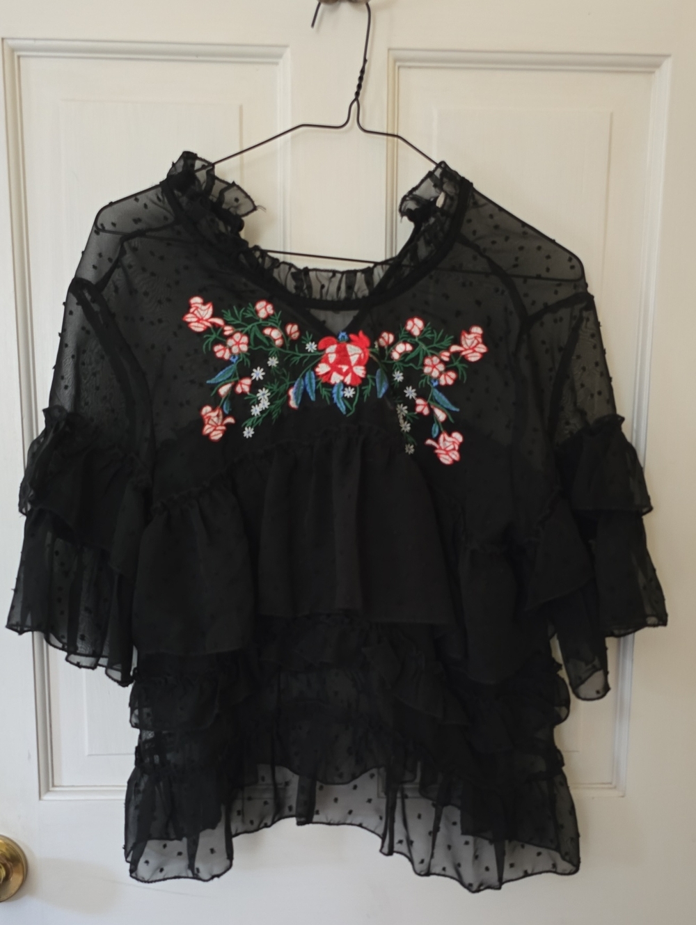 Rebellion Black Sheer Ruffle Blouse with Floral Embroidery Size L